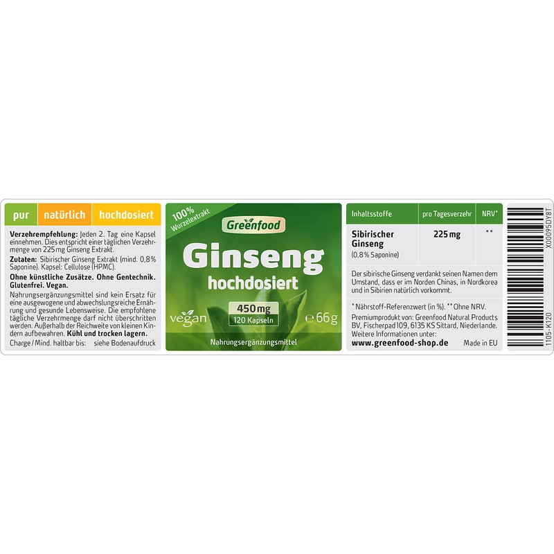 Ginseng (Siberian Ginseng), 450 mg, (min. 0.8% saponins), high dose,