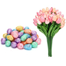 Canlierr 72 Pcs Foam Easter Eggs Artificial Tulip Flowers Set 36 Pcs Decorative Speckled Easter Eggs 36 Pcs Multicolor Fake Tulips for Easter Spring Wedding Bouquet Decoration(72 Pcs,Pink)
