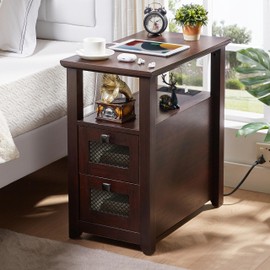 HDDDZSW Farmhouse XXL End Table with Charging Station, Narrow Side Table with USB Ports and Outlets, Nightstand with 2 Drawers Storage, Bedside Tables for Living Room, Bedroom, Rustic cherry