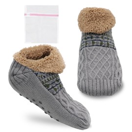 VEGCOO Slipper Socks Mens, Soft Thick Lining Mens Slipper Socks 8-10 with 1 Laundry Bag for Home Sleep Gift (Gray/Black)