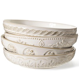 Artena Pasta Bowls, 50oz Large Salad Serving Bowls, 9.75'' Plates Bowls Set of 4, Big White Ceramic Soup Bowls for Kitchen, Embossment Shallow Dinner Bowl, Microwave Dishwasher Safe, Damask Floral - Color: Multiple Patterns