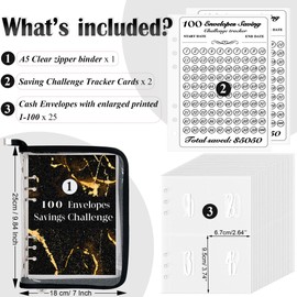 LingLingo 100 Envelopes Money Saving Challenge Binder, Easy and Fun Way to Save $5,050, A5 Budget Book with Cash Envelopes Kit (Black,Zipper)