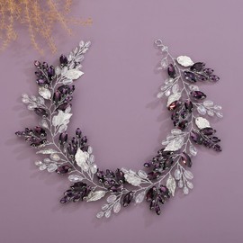 Teyglen Leaf Bride Wedding Hair Vine Bridal Crystal Headband Handmade Silver Leaf Purple Crystal Beads Hair Piece Bohe Rhinestone Headpieces Wedding Hair Accessories for Women(Purple)