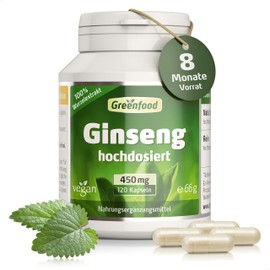 Ginseng, high-dose extract, 450 mg, 120 capsules, vegan. Siberian ginseng with at least 0.8% saponins. No artificial additives, laboratory-tested. From Greenfood.