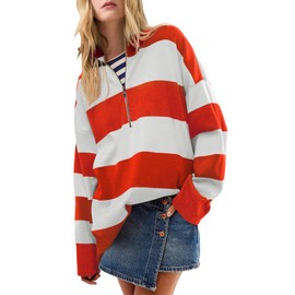Yousify Turtle Neck Sweaters for Woman Lightweight Long Sleeve Winter Sweater Striped Ladies Tops Red L