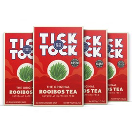 Tick Tock Rooibos Tea, Caffeine-Free Tea, Pack of 4 x 40 Tea Bags (160 Teabags), Naturally Sweet Herbal Tea, Biodegradable Tea Bags, Rooibos Tea UK, Redbush Tea for Wellbeing and Relaxation - 4 Pack