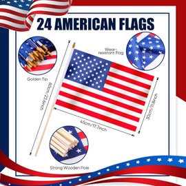 Newwiee 24 Pcs American Flags on Stick 12 x 18 Inch American Hand Held Stick Flag Handheld US Flag 4th of July USA Flag with Safety Spear Top for Memorial Day Outdoor Yard Garden Veteran Party