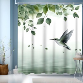 NEJLCTOROUS Shower Curtain, 180 x 220 cm, Green Leaves, Waterproof Washable Shower Curtains, Weighted Hem, Bath Curtains with Eyelets and 12 Shower Curtain Rings for Bathroom, Bathtub