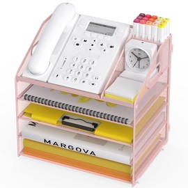OrgMate Letter Tray Paper, 5 Tier Desk Organizer with Pen Holder and Handle, Mesh File Organizer Paper Sorter Metal Desktop Document Shelf for Office Home Classroom - Pink