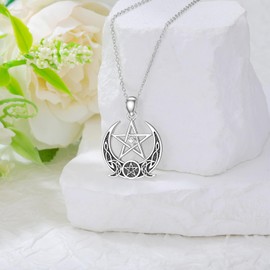BETHZA Diamond Pentagram Necklace Sterling Silver Triple Moon Goddess Pentagram Pendant Necklace Pagan Wiccan Magic Egyptian Amulet Pentagram Jewelry for Women Men