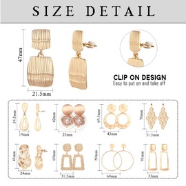 JeryWe 9 Pairs Clip on Drop Earrings for Women Dangling Rectangle Round Trapezoid Square Tassel Hoop Metal Geometric Indian Statement Earrings Clipon Earrings-Non Pierced Dangle Earrings Set（Gold）