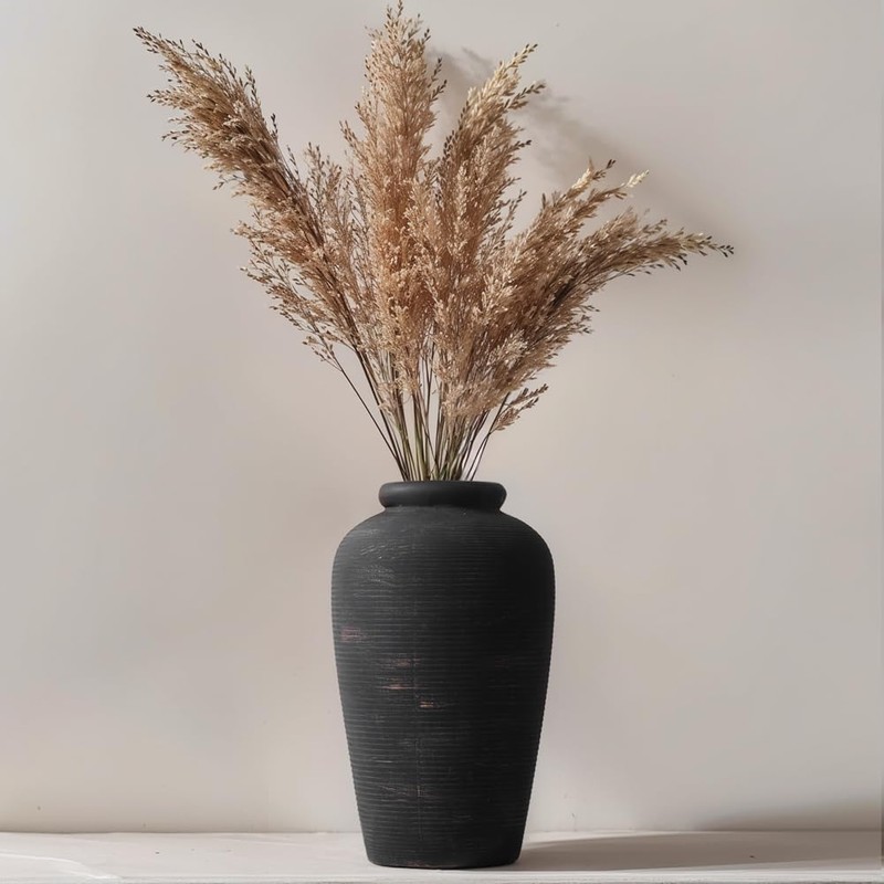Large Ceramic Rustic Vase, 11" Black Terracotta Farmhouse Flower Vase,