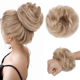 Benehair Human Hair Messy Bun Hair Piece Scrunchies Real Human Hair Wavy Curly Tousled Updo Hairpieces for Women Girls Natural Hair Bun Scrunchies Daily-Golden Brown Highlights Bleach Blonde