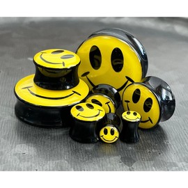 PAIR of Bright Yellow Smiley Face Logo Double Flare Acrylic Saddle Plugs - Gauges 8g (3mm) thru 1&3/16" (30mm) available! - Gauge (Thickness): 1&3/16" (30 mm)