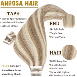 Anrosa 22Inch Remy Human Hair Tape in Hair Extensions 20pcs 50g Tape Ins Hair Extensions for White Women Chestnut Brown to Platinum Blonde