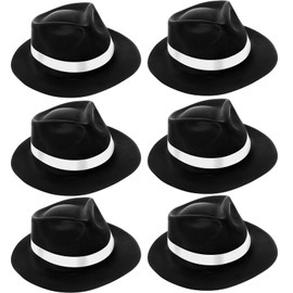 Jiuguva 6 Pcs Gangster Hat New Year Hat Plastic Gentlemen Hats Gangster Costume Hats for Adult 1920s Party Hat for Men Women(Black with White Ribbon)