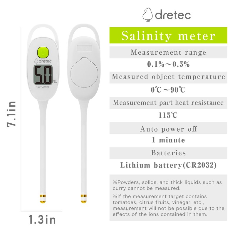 dretec Salt Concentration Meter, Waterproof (IPX7), Completely Washable, Measures 0.1%