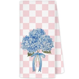 JINYO Blue Hydrangea Gingham Kitchen Towels, Preppy Pink and White Checkered Hand Towels for Bathroom, Blue Floral Dish Tea Towels, Checkered Kitchen Decor, Preppy Bathroom Decor, 16x24 Inch
