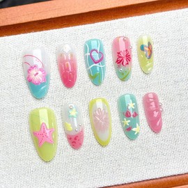 30Pcs 3D Flower Press on Nails Medium Almond Fake Nails with Hawaii Fruit Starfish Heart Design Beach False Nails Full Cover Artificial Glue on Nails Summer Handmade Stick on Nails for Women Manicure