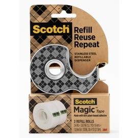Scotch Magic Tape Stainless Steel Refillable Dispenser with Plant-Based Adhesive Refill Pack, Includes 2 Rolls of Invisible Tape, 3/4 in x 550 in