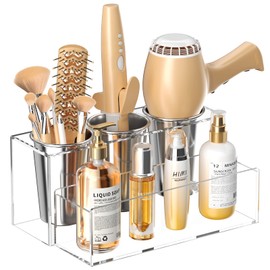 HIIMIEI Hair Tool Organizer, Acrylic Hair Dryer Holder, Bathroom Countertop Blow Dryer Stand Storage, Vanity Organizer for Accessories, Makeup, Flat Irons, Curling Irons, and Toiletries (Clear)