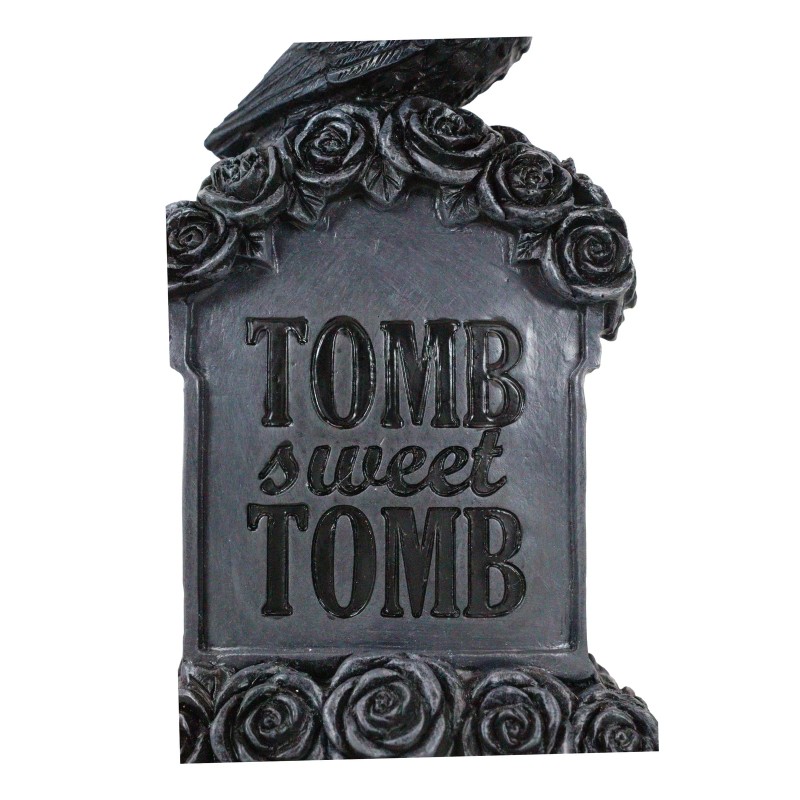 Gothic Raven Crow Perching On Black Roses Graveyard Tomb Headstone