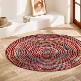 RIANGI Bohemian Rug, 5ft Round, Soft Rugs for Bedroom, Farmhouse Rugs, Multi Color Braided Jute Chindi Rugs - Reversible, Indoor