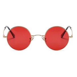 qinqilanqi-S Vintage Runde Sonnenbrille für Damen und Herren, polarisierte Sonnenbrille mit Metallrahmen，Hippie ，UV400 (Gold/Rot)