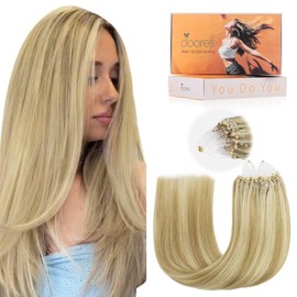 DOORES Micro Link Real Hair Extensions Straight, Light Blonde Highlighted Golden Blonde 14 Inch 50g/50s, Beaded Virgin Hair Extensions for Short Hair
