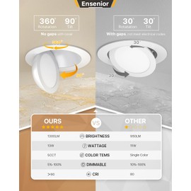 Ensenior 6 Pack 6 inch LED Eyeball Recessed Lighting, 360°+90° Rotatable and 2700K-5000K Selectable, Dimmable Gimbal Recessed Lights, Canless Angled Adjustable Ceiling Downlight, 1300LM, 13W=115W-FCC