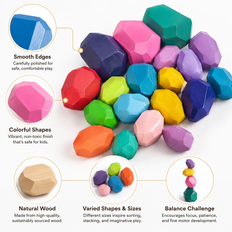 Montessori-Inspired Wooden Stacking Stones for Kids – Natural Wood Balance
