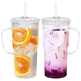 Glass Tumbler with Lids and Straws 2Pack 20oz Glass Cup with Handle-Wide Mouth Ice Coffee Cup Borosilicate Drinking Glasses for Smoothie Drinks