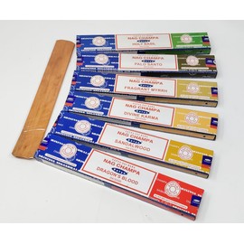 Satya Nag Champa Combo Incense Sticks Mix Deal - Sandalwood, Palo Santo, Dragons Blood, Divine Karma, Mirra, Holy Basil with JR Incense Holder SNC1