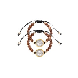2Pcs San Benito Bracelets Tiger Eye Adjustable Bracelet Saint Benedict Medal Pendant Bracelet Protection Blessing Bracelet Catholic Matching Bracelets For Women Men