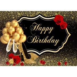 NeoBack 7x5ft Vinyl Glitter Gold Happy Birthday Backdrop Red Rose Floral Golden Balloons Heels Champagne Glass Background for Women Birthday Party Decorations Birthday Party Banner N0016B