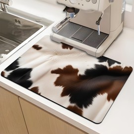 16"x24" Dish Drying Mat for Multiple Usage. Super Absorbent, Easy Clean, Quick Dry, Cocina Accesorios for Kitchen Counter or Faucet Sink, Coffee bar, Refrigerator or Air Fryer Liners (Cow)