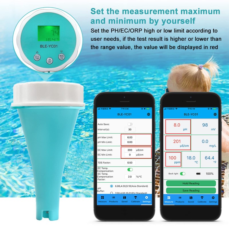 Digital Water Tester, Water Tester, 6-in-1 PH-EC-TDS-ORP-Temp Residual Chlorine Water