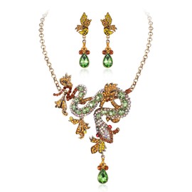 BriLove Costume Jewelry Set for Women Wedding Guest Dresses, Crystal Snake Leaf Cluster Statement Necklace Dangle Drop Earrings for Party Prom Accessories Champagne Antique-Gold-Tone