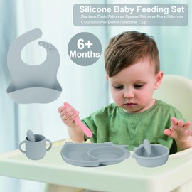 Silicone Baby Feeding Set, Elephant Shape Divided Plate with Suction, Toddler Self Feeding Dish Set with Adjustable Bib Spoons Forks Cup Bowl, Baby Led Weaning Supplies for Ages 6 Months (Grey)