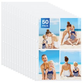 WenYa 50-Pack A4 4-Pocket Photo Sleeves for 4x6 & 6x4 Pictures, Top-Loading Clear Punch Pockets for 2/4 Ring Binder, Holds 200/400 Items Total - for Photos, Recipes, Inserts