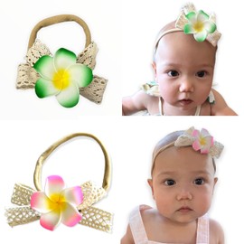 2 Pack Handmade Hawaiian Plumeria Flower Headband for Babies Baby Girls (Flamingo + Grass)