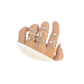 Boho Gold Stackable Rings Set for Women,Dainty Silver Heart Star Moon Flower Rhinestone Knuckle Rings,Bling Sparkling Statement Rings (Silver)