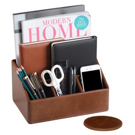 MEIBOOCH PU Leather Desk Organizer with Coaster, Luxury Office Supplies Remote Control Holder for Office Desk, Side Table, End table, Bedside Organizer Gifts for Men (Brown)