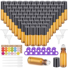 Easytle 96 Pack Essential Oil Roller Bottles, Amber Glass Roller Bottles 5ml, Roller Balls for Essential Oils, Roll on Bottles (384 Pieces Labels, 16 Funnels, 16 Dropper, 8 Opener)