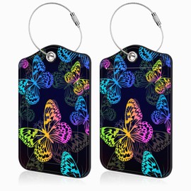 Mazumbuy 2 Pack Luggage Tags for Suitcases Flying Multicolored Butterflies Leather Luggage Tags Privacy Cover ID Label with Stainless Steel Loop and Address Card for Women Men Travel Bag Backpack