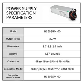 H360EGM-00 360W Power Supply Compatible with Dell Optiplex 3050 7050 7060 3050MT 7050MT 7060MT Vostro 3668 3669 SFF 8HKG7 0VM8KR VM8KR L360EGM-00 D360E001L