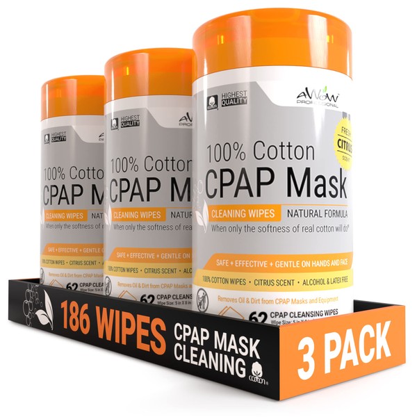 AWOW Scented CPAP Wipes CPAP Mask Cleaner for Daily CPAP/BiPAP Mask Maintenance, 100% Cotton Safe on CPAP Masks, Mildly Scented Citrus Fragrance 62 ct CPAP Mask Wipes (3pk, 186 CPAP Cleaning Wipes)