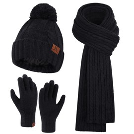 Bequemer Laden Womens Winter Warm Beanie Hat Touchscreen Gloves Long Scarf Set Ribbed Knit with Fleece Lined Pom Skull Caps Gifts for Women