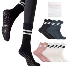 CYIOU 5 Pairs of Non-Slip Socks Women's Yoga Socks Pilates Socks Stopper Socks Women's Non-Slip Socks Women for Pilates Yoga Trampoline Fitness Aerobics 35-42, White, black, grey, pink, 38