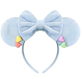 Nahalesy Colorful Hearts Mouse Ears Headband for Women Cute Fuzzy Blue Bows Headband for Women
